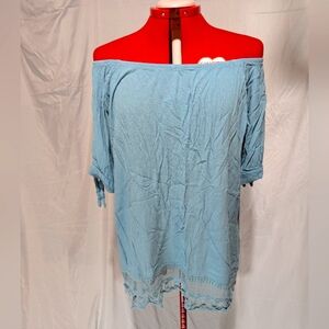 Light blue off shoulder lace hem top